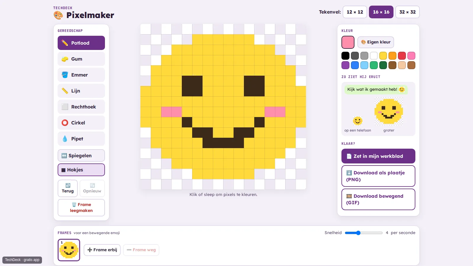 Pixelmaker met een lachend geel gezichtje op een tekenvel van 16 bij 16 hokjes. Links het gereedschap, rechts de kleuren en een voorbeeld van de emoji in een chatbericht.